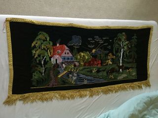 Antique Vintage Embroidered Needlepoint Tapestry Wall Hanging Panel