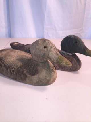 Vintage Antique Primitive Solid Wood Carved Duck Decoy,  Mallard Pair,  Glass Eyes