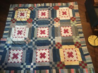 Vintage Antique Patchwork Quilt Top Unfinished Mostly Red White Blue Squares