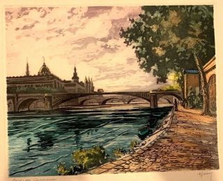 Vintage Color Etching Notre Dame Pencil Signed Marcel Harang