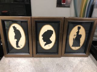 3 Vintage Framed Silhouette Pictures Victorian People Signed E M 13 X 18 Cm