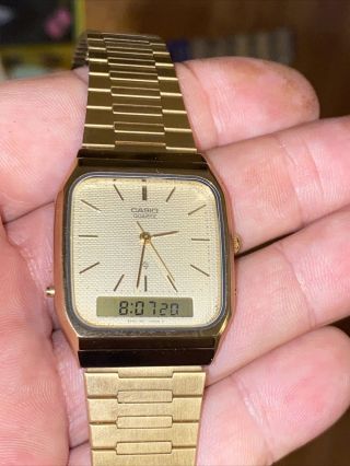 Vintage Casio Aq - 4100 Model 307 Analog Digital Gold Watch Alarm Stopwatch