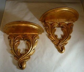 Vintage Wood Gold Painted Wall Sconces Shelves French Style Gilt