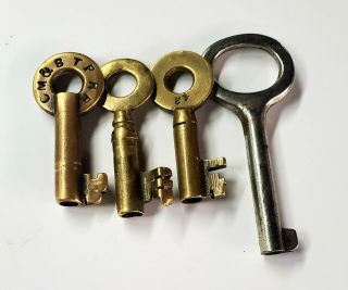 4 Antique Hollow Barrel Keys Brass And Steel