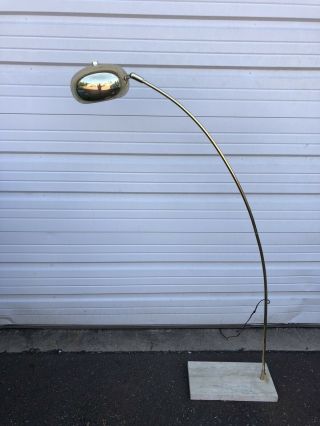 Mid Century Modern 58” Brass Arc Floor Lamp Orb Shade With Marble Base Rare