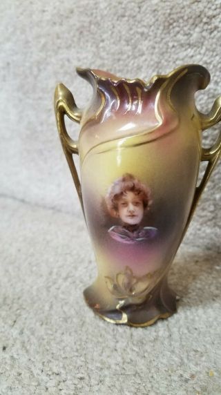 Rs Prussia/royal Vienna Art Nouveau Miniature Portrait Vase Gilt Handle