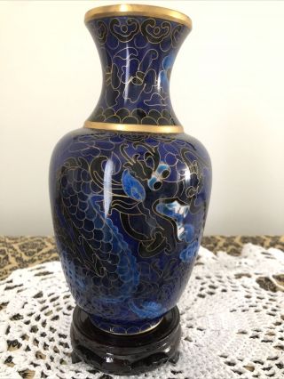 Vintage Chinese Dragon Pattern Brass Enamelled Cloisonne Vase With Wooden Stand