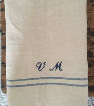 Vintage French Torchon Tea Towel Dish Towel Blue Stripes V M
