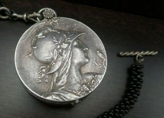 Rare Antique Art Nouveau French Sterling Silver Pocket Watch /w Chain & Key Fob