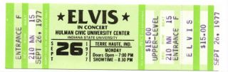 Rare 1977 Elvis Presley Terre Haute In Concert Ticket