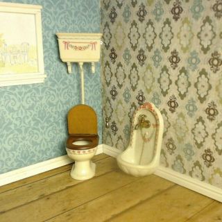 Vintage Dollhouse Furniture For Bathroom Porcelain Toilet,  Sink Rare 1030