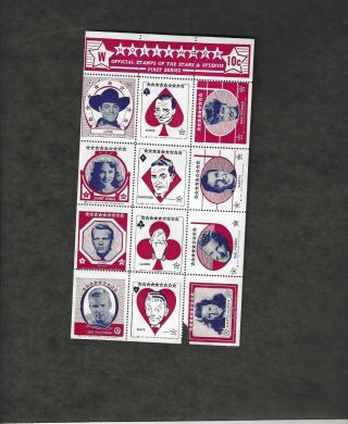 Rare 12 Hollywood Sticker Stamp Full Sheet 1947 Series W Peter Lorre More
