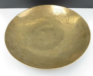 Vintage Engraved Chinese Brass Shallow Bowl/charger,  Dragons,  Marked " China "