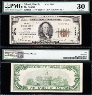 Awesome Rare Bold Choice Vf,  1929 $100 Miami,  Fl National Banknote Pmg 30