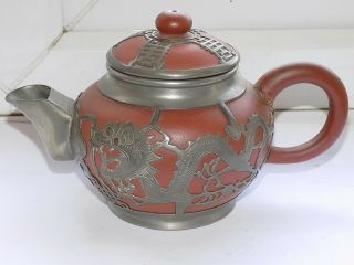 Antique Chinese Wen Hua Shun Pottery Teapot With Pewter Dragons Overlay