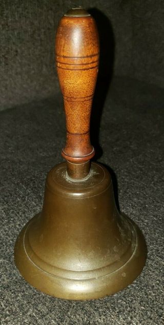 Vintage Hand Held School Bell Brass Wood Handle Antique