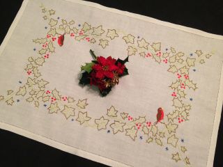 Vintage Hand Embroidered Tray Cloth Centre Piece Christmas Holly And Robins