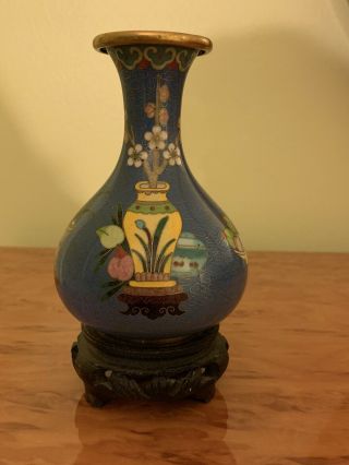 Chinese Cloisonne Vase With Wood Stand Base