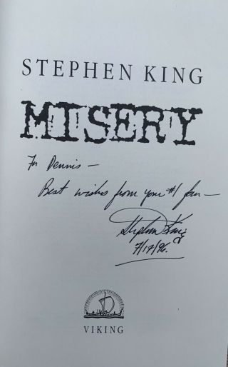 Stephen King Signed Autograph " Misery " Book,  Novel - 1st/1st First Edition,  Rare