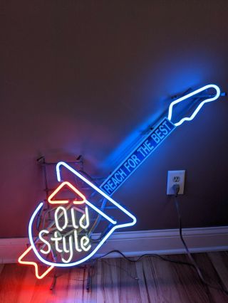 Rare Huge Old Style Beer Guitar Neon Sign With Box 39x22 Vintage Light