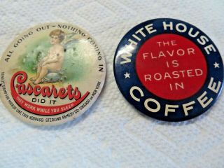 2 Antique Advert.  Pocket Mirror Cascarets Medicine Laxative White House Coffee