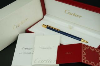 Cartier St150162 Must Blue Lacquer Gold Rare Ballpoint Pen W/box C88