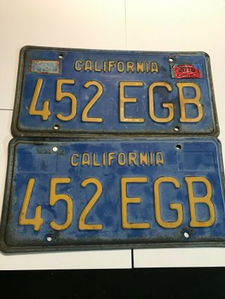 Pair 1969 - 79 California Ca License Plates Tag Antique Vintage Blue Yellow 70`s