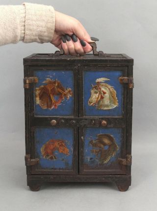 Large Rare Antique 19thc J&e Stevens Painted Cast Iron Still Safe Bank W/ Horses