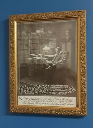 Rare 1897 Coca Cola Framed Print Ad Man In Study For Students And Brainworkers