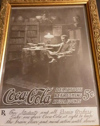 Rare 1897 COCA COLA Framed PRINT AD Man in study for Students and Brainworkers 2