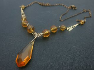 Art Deco Antique Vintage Amber Glass Gilt Necklace 17 Inch