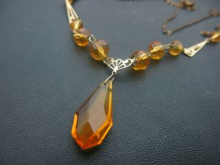 Art Deco Antique Vintage Amber Glass Gilt Necklace 17 Inch 3