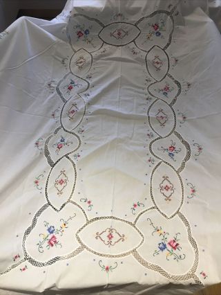 Large White Tablecloth Hand Embroidered Flowers Crochet Lace Inserts 98 " X 70 "