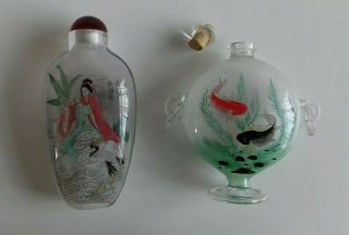 2 Vintage Art Deco Chinese Reverse Painted Scent Snuff Bottle.  Carp Lady Donkey
