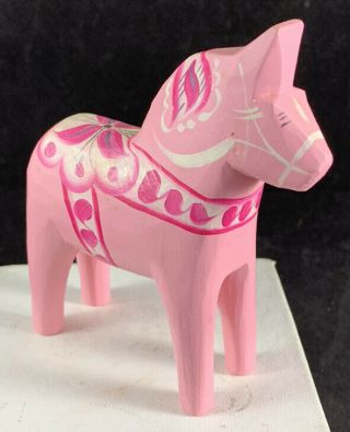 Rare Pink Dala Horse Swedish Hand Carved Painted Wood Vintage Sweden 4 " Tall