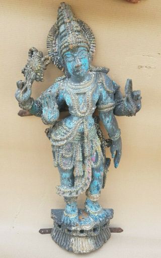 Antique Old Rare Hand Carved Wooden Hindu God Vishnu Figure Holy Statue Nh5545