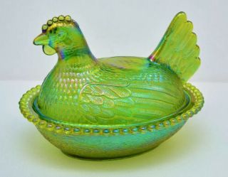 Rare Carnival Lime Green Indiana Glass Hen On Nest Candy Dish