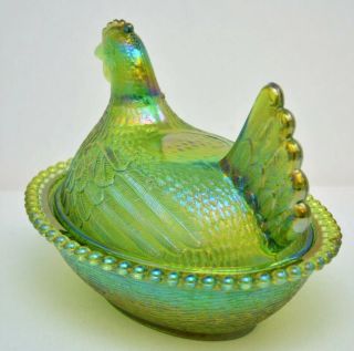 Rare Carnival Lime Green Indiana Glass Hen On Nest Candy Dish 2