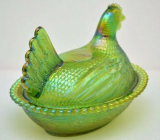 Rare Carnival Lime Green Indiana Glass Hen On Nest Candy Dish 3