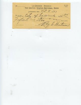 1925 Brooklyn Dodgers Outfielder " Roy Hutson " Rare 1949 Signed Check