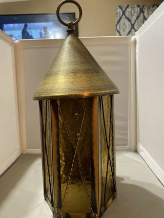Vintage Antique Brass Amber Hanging Porch Lantern Coach Mission Light