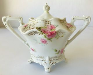 Rs Prussia Antique Footed Lidded Sugar Bowl Pretty Pink Roses Flowers With Mark