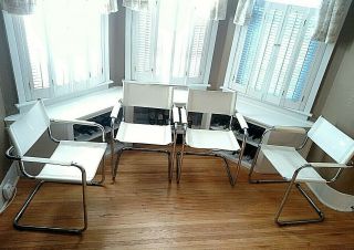 Rare Set (4) Mid Century Modern White Leather/chrome Cantilever Side Arm Chairs
