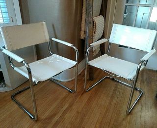 Rare Set (4) Mid Century Modern White Leather/Chrome Cantilever Side Arm Chairs 4
