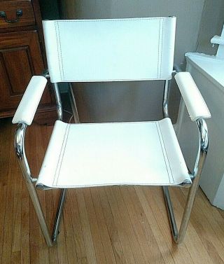 Rare Set (4) Mid Century Modern White Leather/Chrome Cantilever Side Arm Chairs 5
