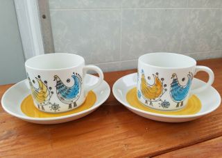 Vintage Scandinavian Rorstrand Sweden Rare 2 Fenix Cups & Saucers Yellow Stripe