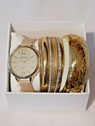 Gold Tone M.  Z.  Berger & Co Large Face Watch With 8 Pc Bangle Bracelets Set