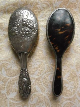Antique Silver Hallmarked Cherub & Faux Tortoise Shell Brushes For Repair