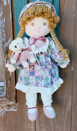 Vintage 30 Inch Tall Rag Girl Doll With Teddy Bear (please Read All Information)