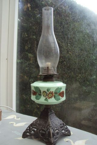 Antique Green Opaline Glass & Cast Iron Base Oil Lamp With Chimney.